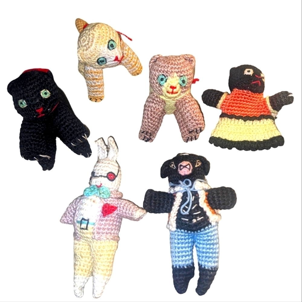 Crocheted Vintage Animals Circa 1970's Handmade Cats, Pig, Rabbit & Bear 6pc Set